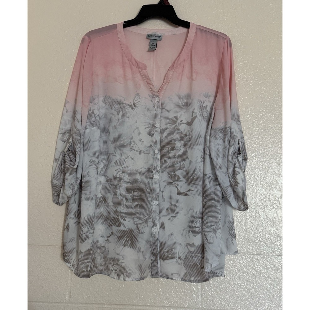 Catherines Button Down Top Womens 2X Pink Grey Floral Butterfly Roll Tab Office